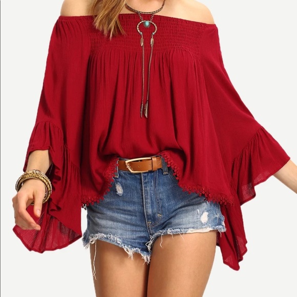 Tops - Bohemian off shoulder red chiffon blouse top